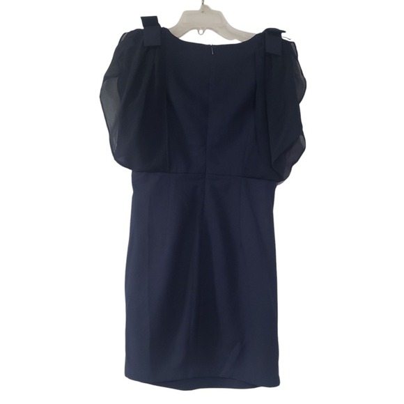 Chezcoco Midi Ruffled Dress Womens Navy Blue L V Neck Flutter Sleeve Soft Bow - Picture 2 of 11